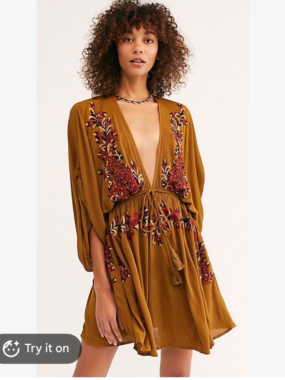 Free People Rust Embroidered V‑Neck Mini Dress, Pretty Pineapple, size small